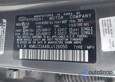 2020 Hyundai Tucson Value z USA, uszkodzony, nr VIN KM8J33A48LU126050